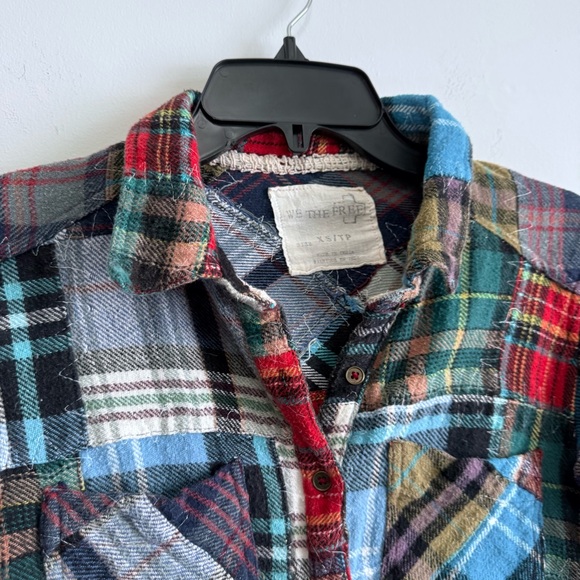 Free People We The Free Patchwork Plaid Flannel XS Crochet Lace Button Down - Picture 5 of 9